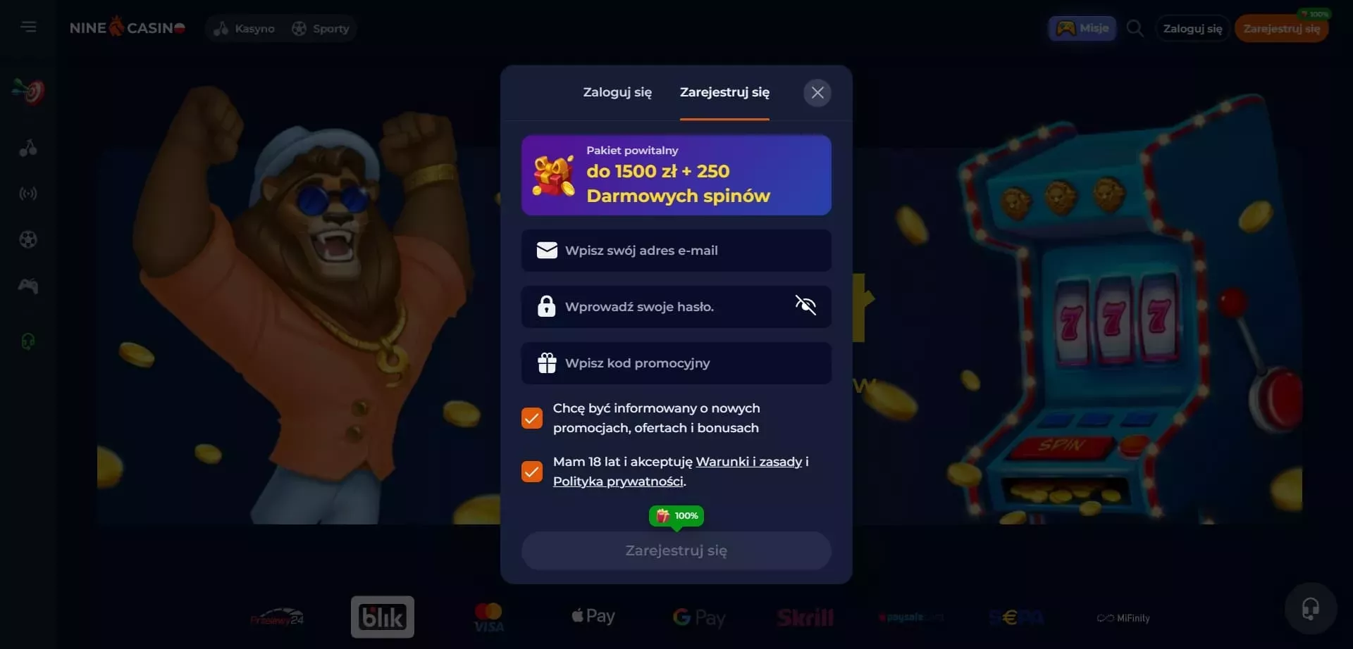 bonus bez depozytu nine casino TOC